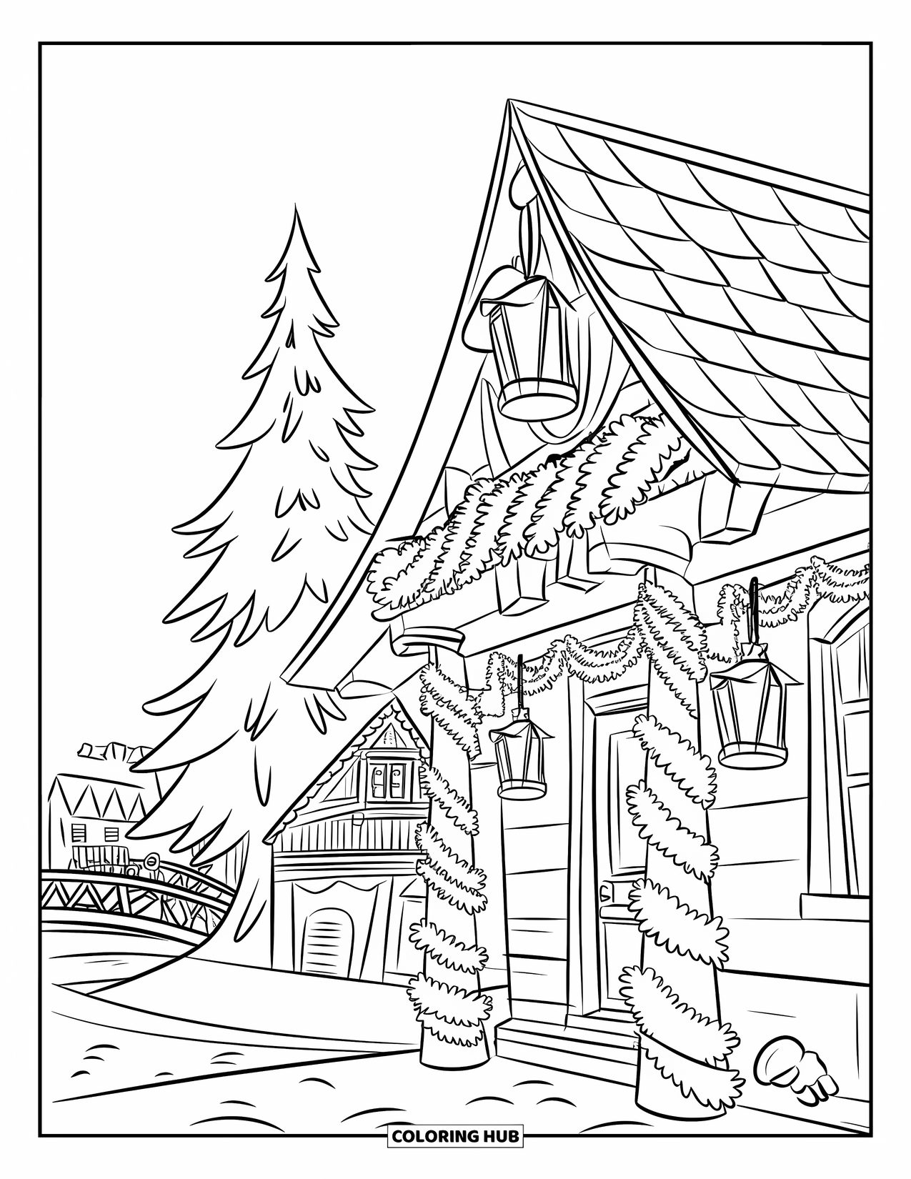 Christmas Village Coloring Page for Kids: Lanterns and garlands decorate the cheerful village town hall