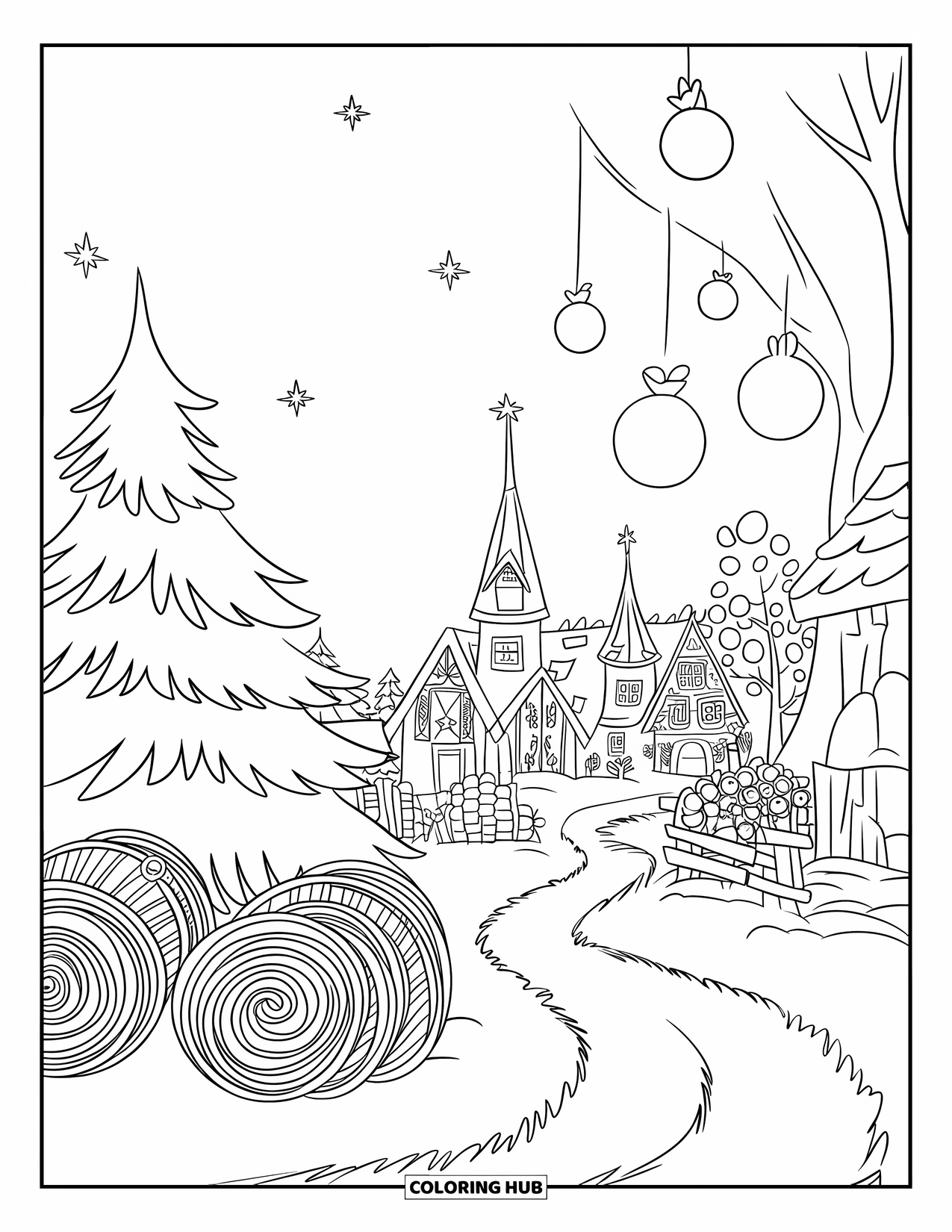 Christmas Village Coloring Page for Kids: Rows of Christmas trees line the edge of a snowy village