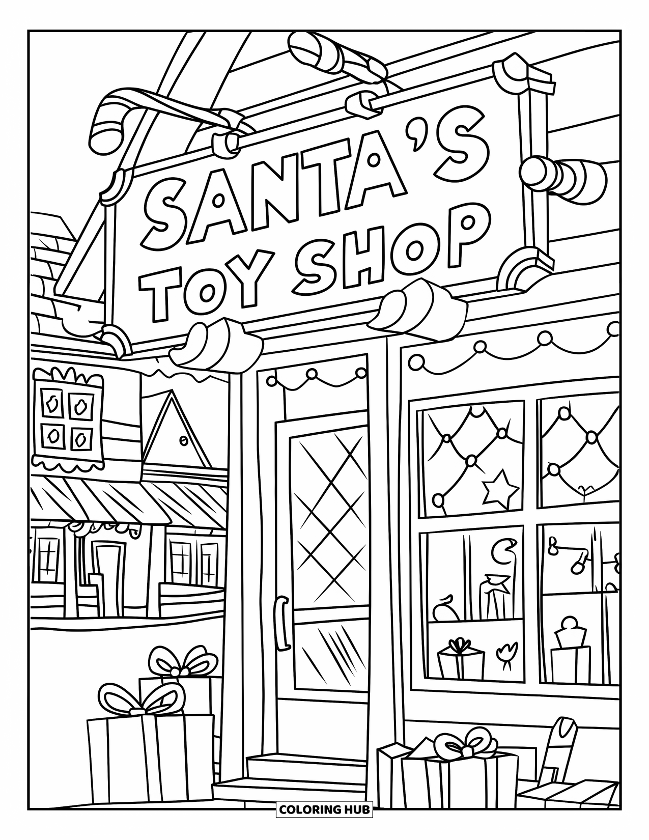 Christmas Village Coloring Page for Kids: Santa's toy shop shines with gifts by the door