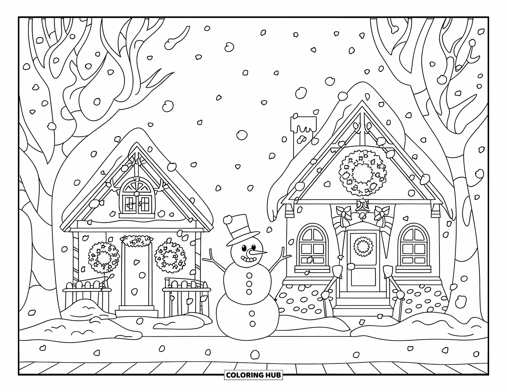 Christmas Village Coloring Page for Kids: Snow falls as children build a snowman between two houses