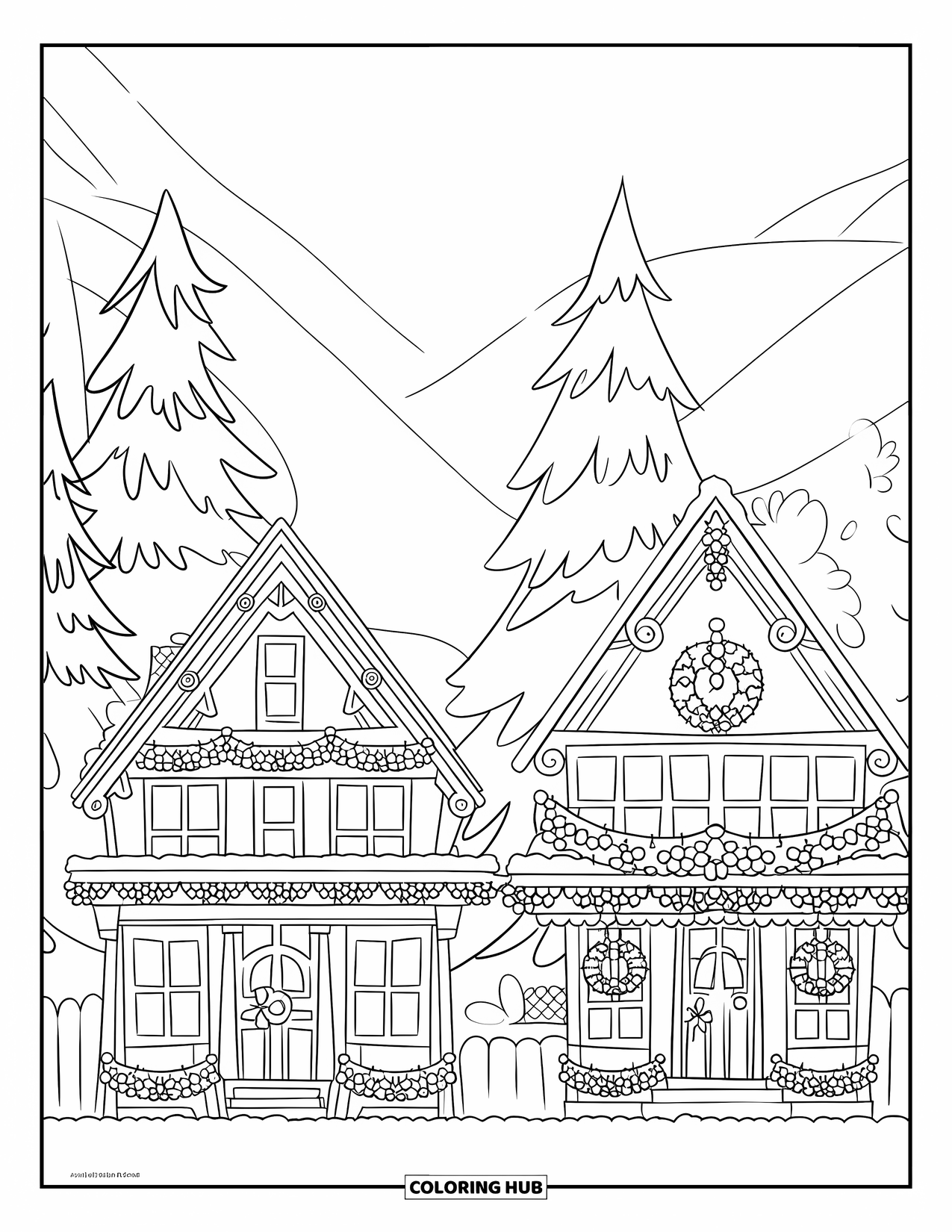 Christmas Village Coloring Page for Kids: Snowy houses line a peaceful two-row village street
