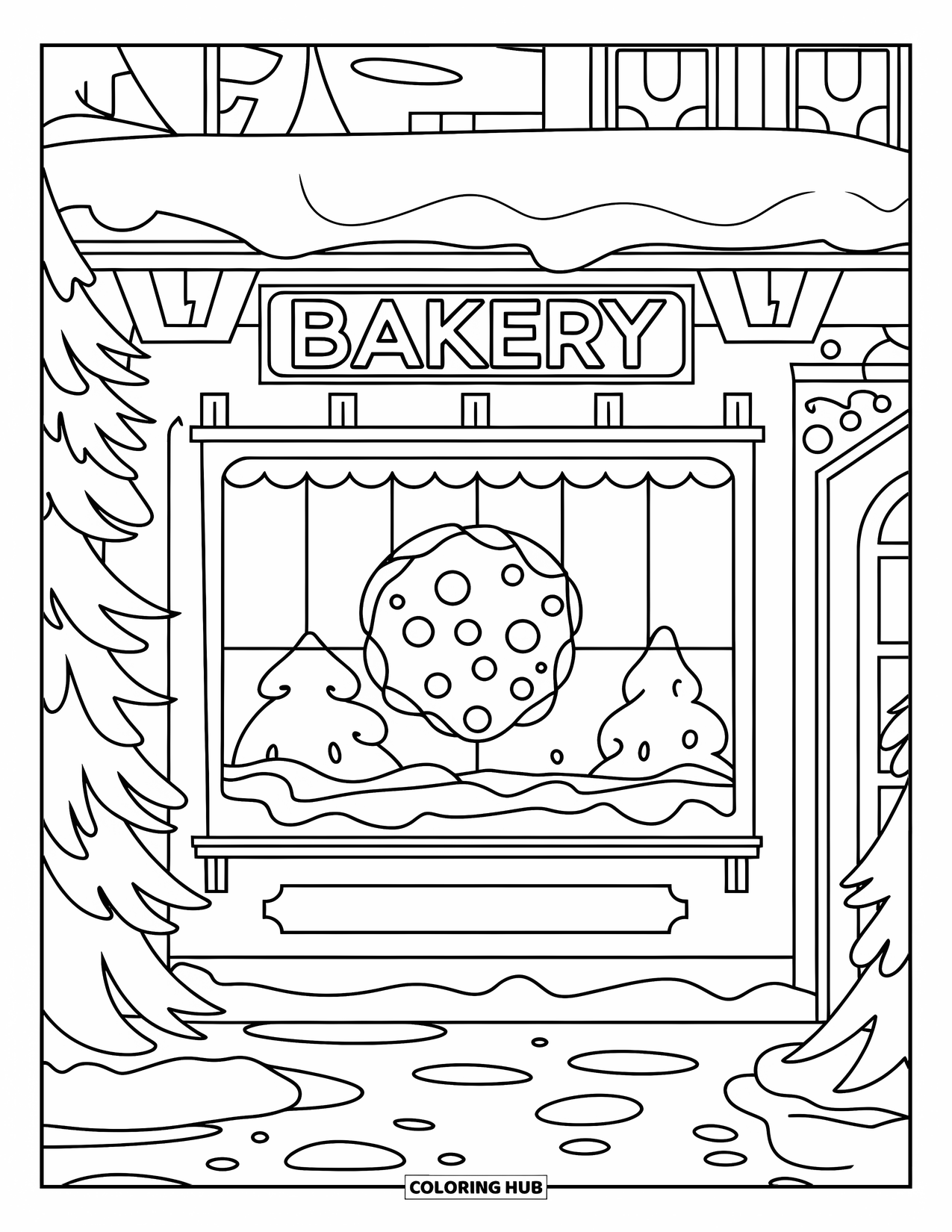 Christmas Village Coloring Page for Kids: The village bakery glows with a big cookie in the window