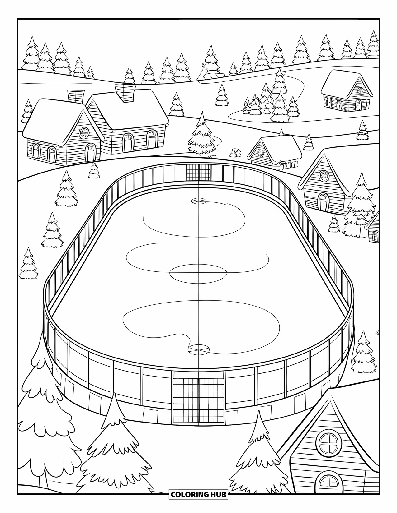 Christmas Village Coloring Page for Kids: Villagers skate joyfully on a frozen Christmas rink