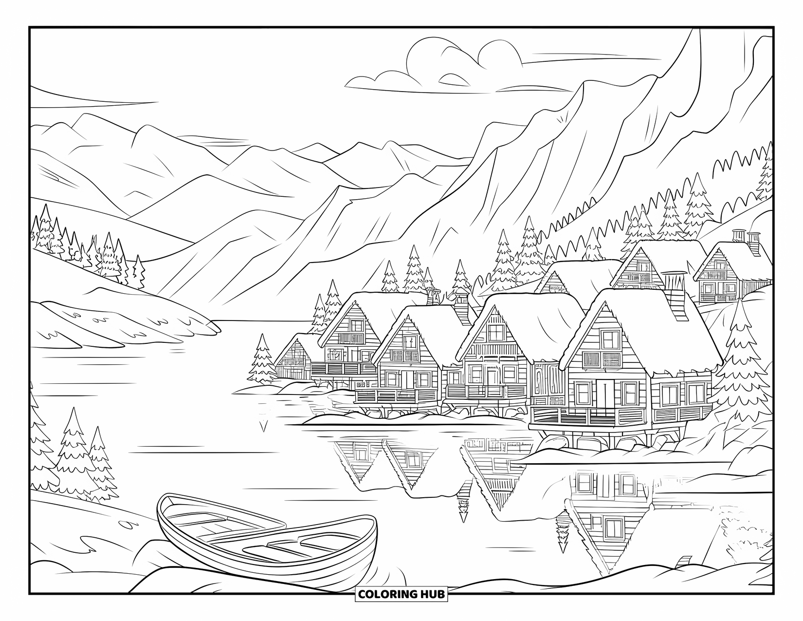 Christmas Village Coloring Page for Kids: Wooden cabins by the lake glow under snowy mountain peaks
