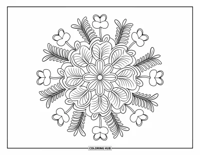 Målarbild med klöver för vuxna: Ett djärvt mandala av klöver och ormbunkar inbjuder till avslappnad, kreativ färgläggning