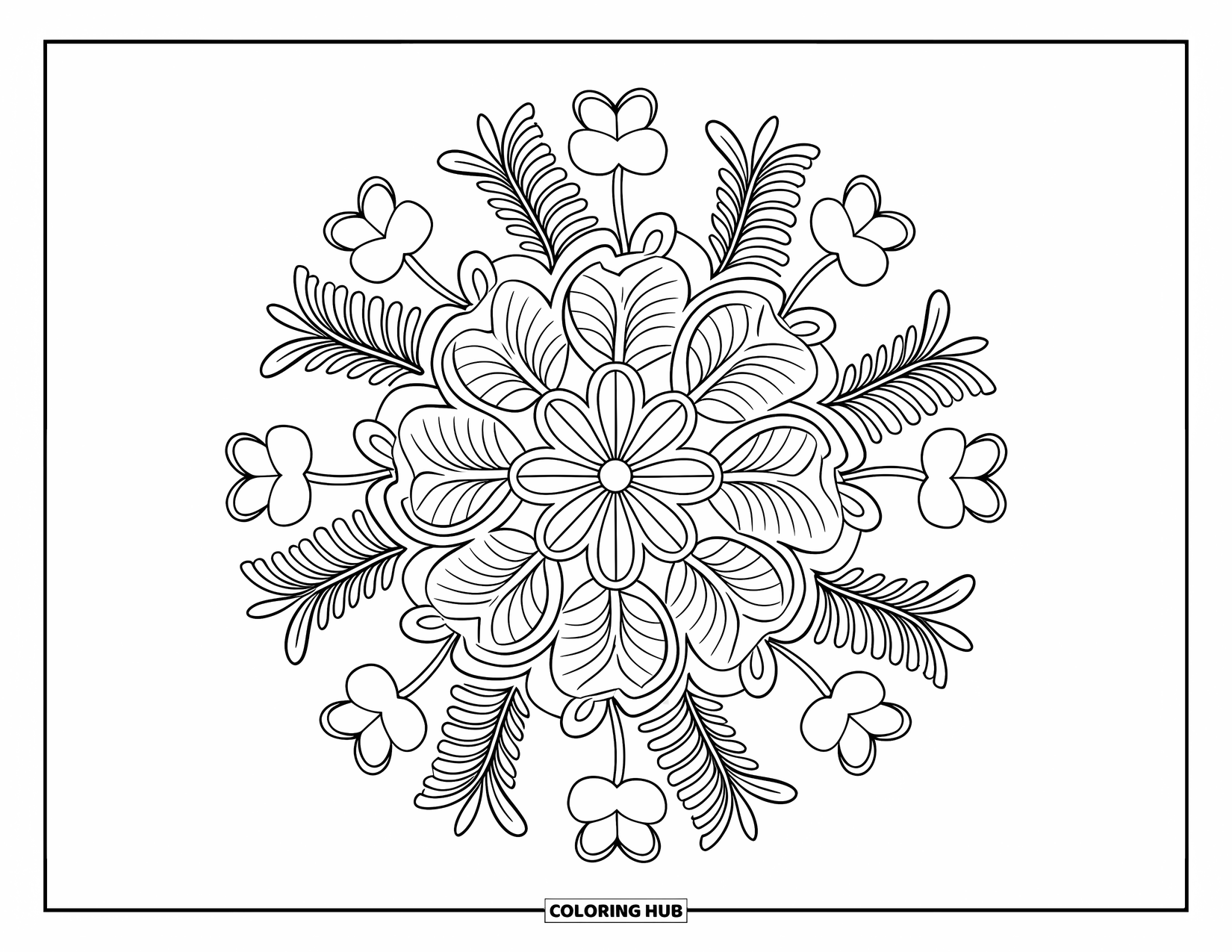 Clover Coloring Page for Adults: A bold mandala of clovers and ferns invites relaxing, creative coloring