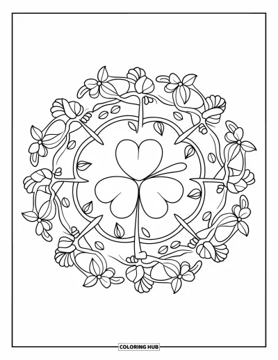 Målarbild med klöver för vuxna: En central klöver inramas av flödande blad och blommor