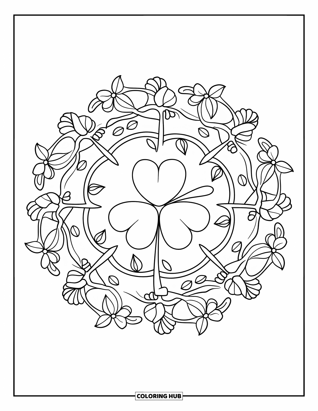 Clover Coloring Page for Adults: A central clover is framed by flowing leaves and flowers