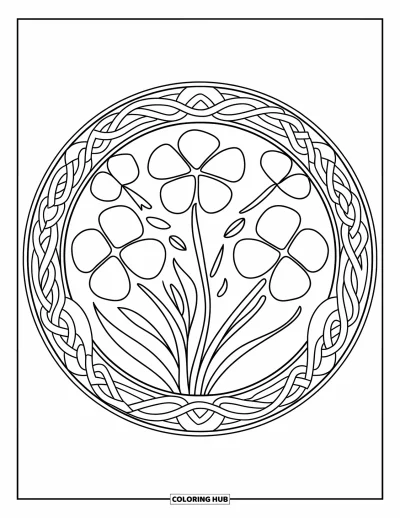 Målarbild med klöver för vuxna: En klöverbukett blommar inuti ett cirkelformat keltiskt mandala