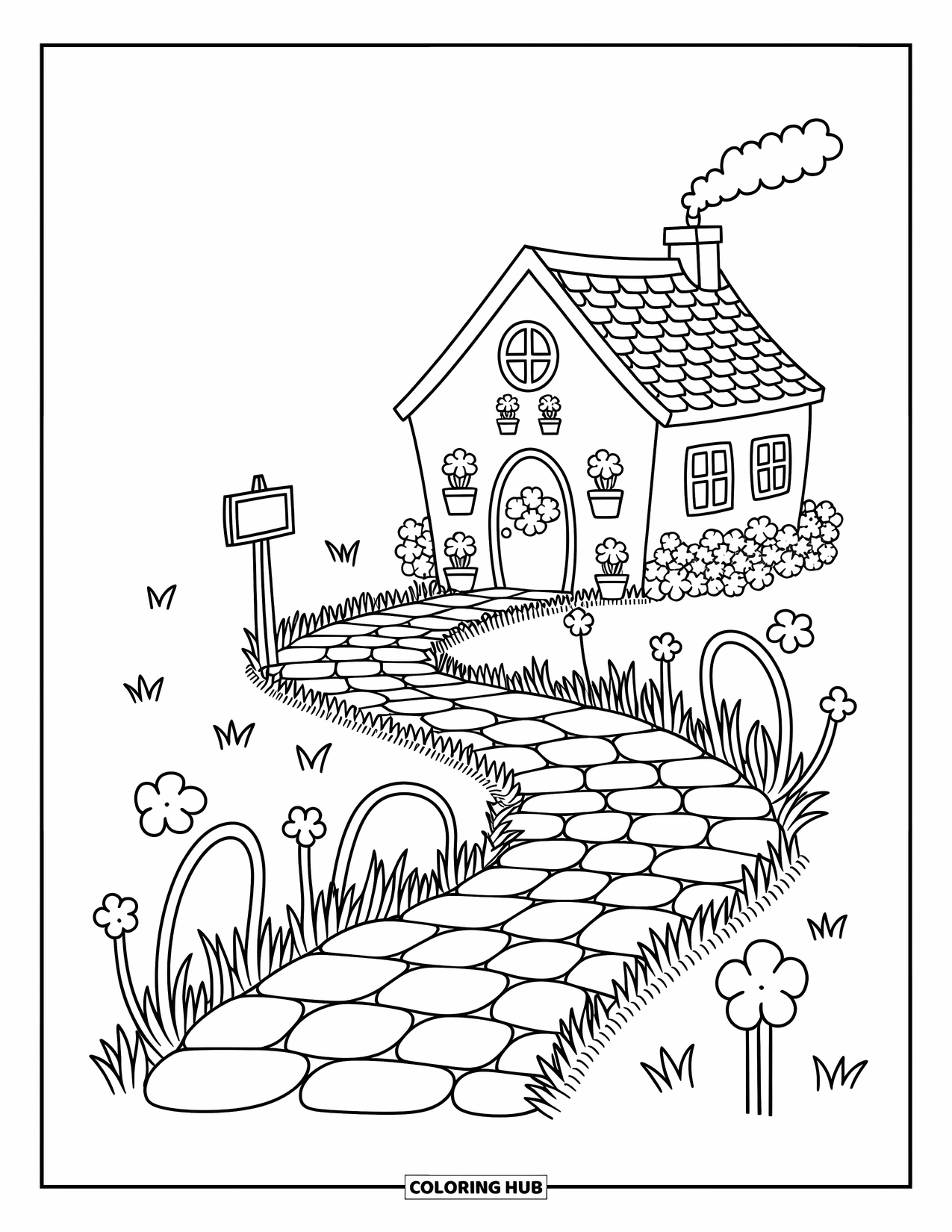 Clover Coloring Page for Adults: A curved trail through clovers leads to a cottage with flowers and chimney smoke