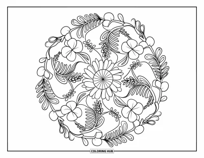 Målarbild med klöver för vuxna: Ett detaljerat mandala av klöver, ormbunkar och rankor blommar i ett cirkelformat mönster