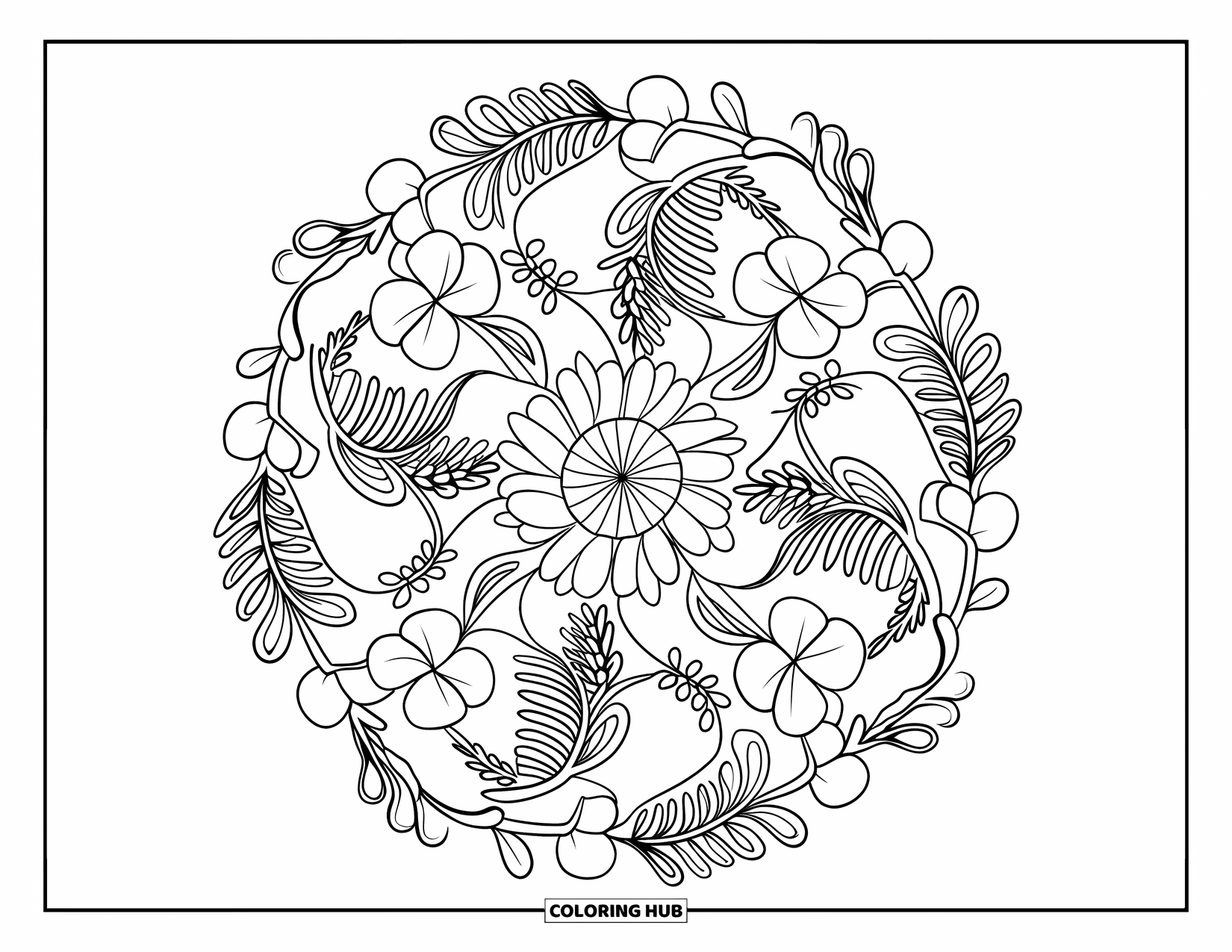 Clover Coloring Page for Adults: A detailed mandala of clovers, ferns, and vines blooms in a circular pattern