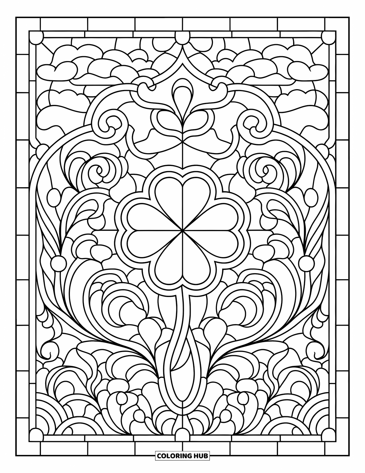 Clover Coloring Page for Adults: A four-leaf clover glows at the center of a leafy glass window