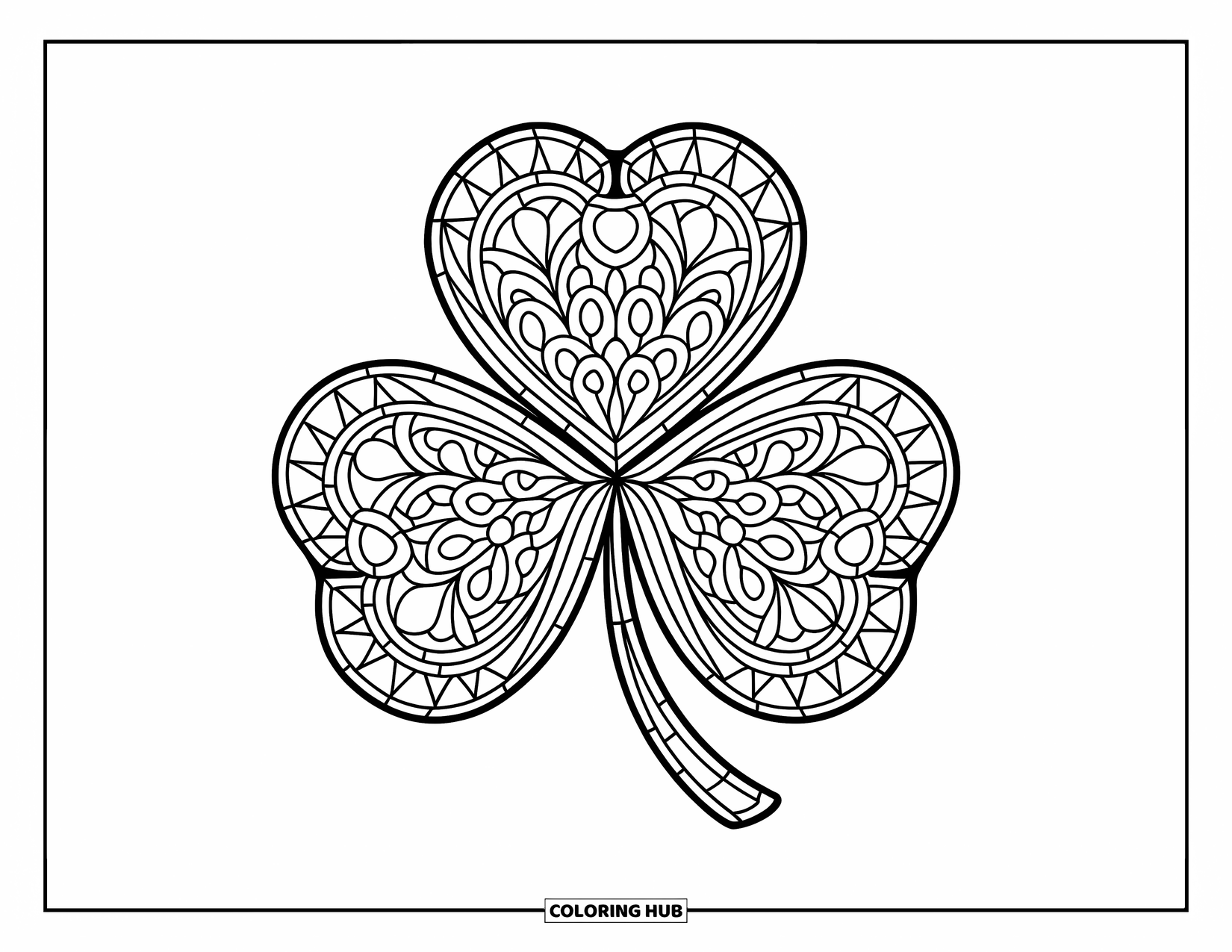 Clover Coloring Page for Adults: A stained glass clover glows with floral borders and geometric shapes