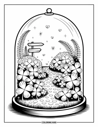 Målarbild med klöver för vuxna: Ett litet klöverlandskap med mossa och glitter lever inuti ett glasterrarium
