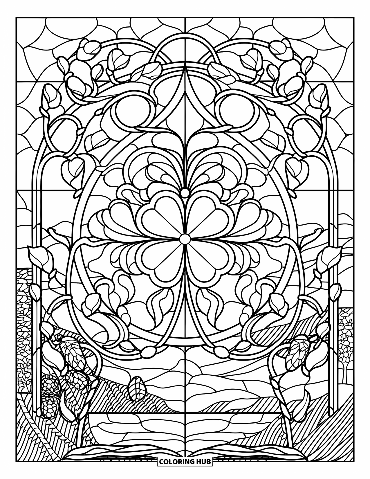 Clover Coloring Page for Adults: Birds perch on vines around a stained glass clover window