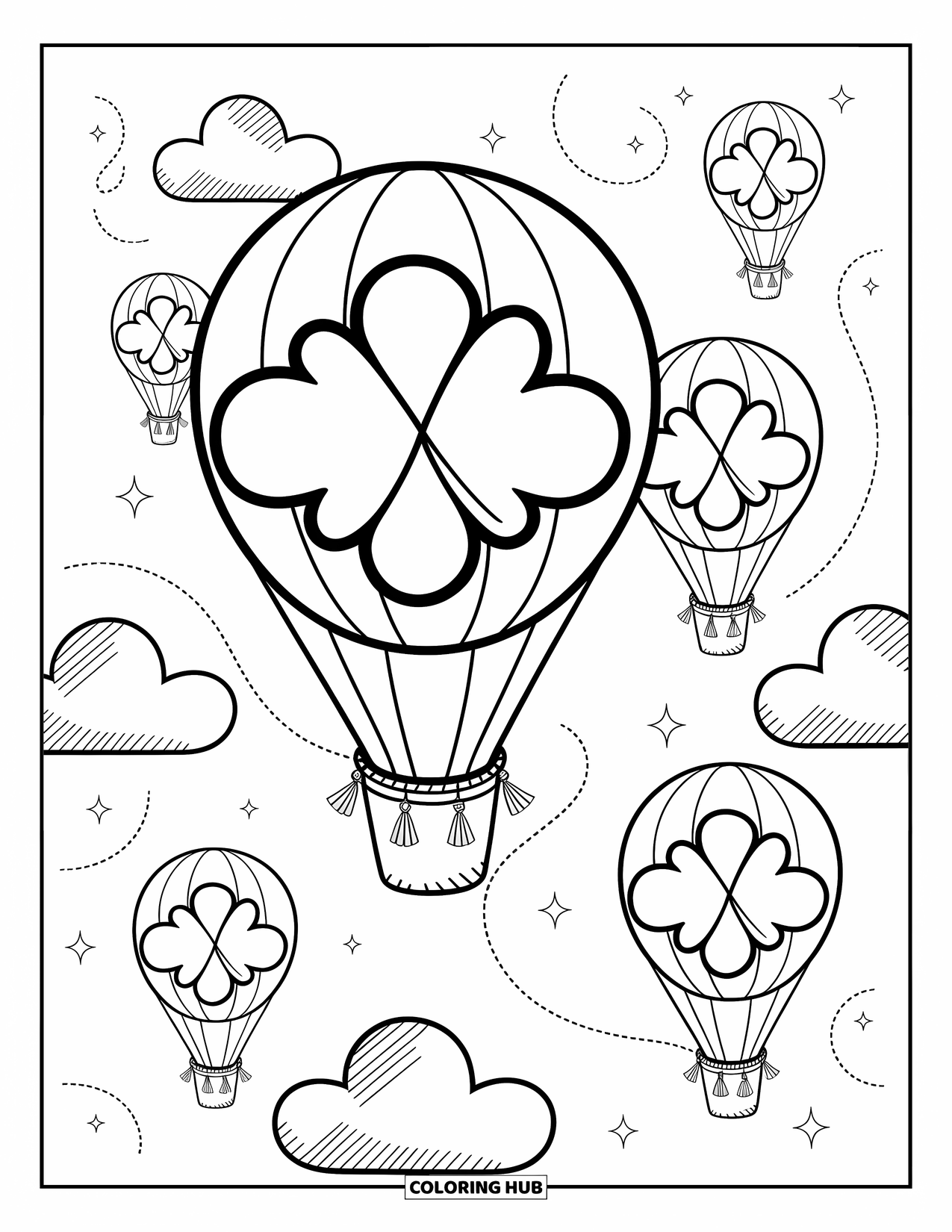 Clover Coloring Page for Adults: Clover balloons and stars glide peacefully across a soft, fluffy sky