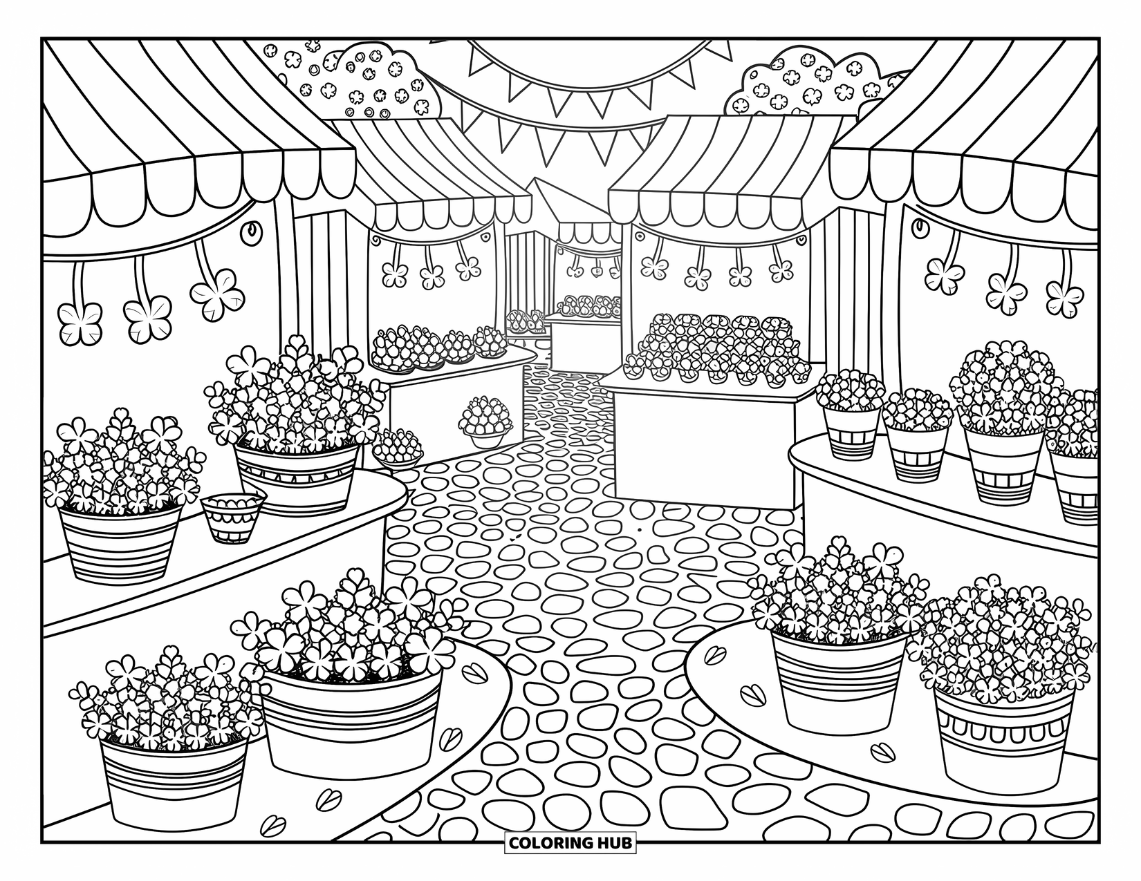 Clover Coloring Page for Adults: Clover goodies fill a playful market with flower crowns, pastries, and jars galore