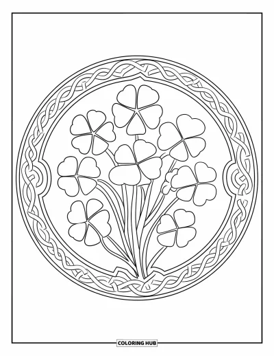 Målarbild med klöver för vuxna: Klöver och knutar slingrar sig genom ett keltiskt mandala i ett fridfullt mönster