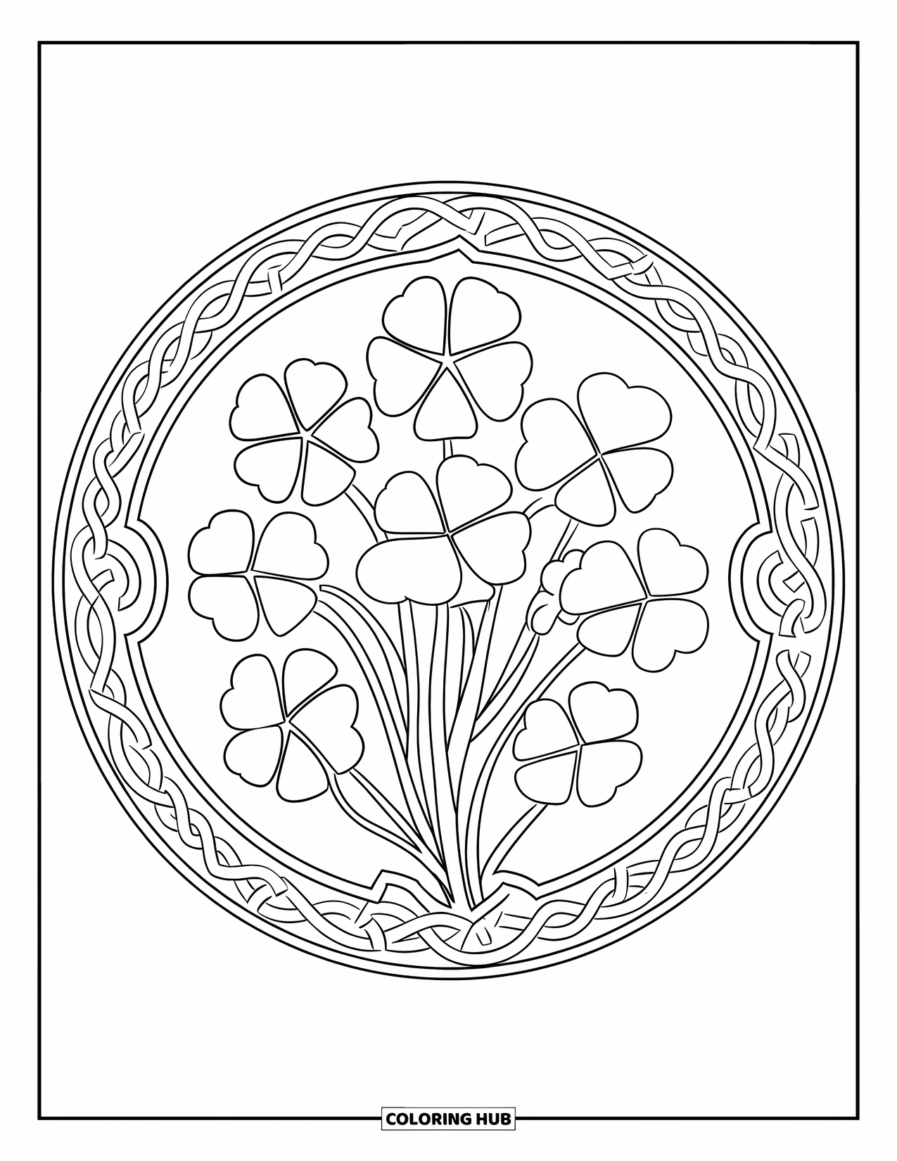 Clover Coloring Page for Adults: Clovers and knots twist through a Celtic mandala in a peaceful design
