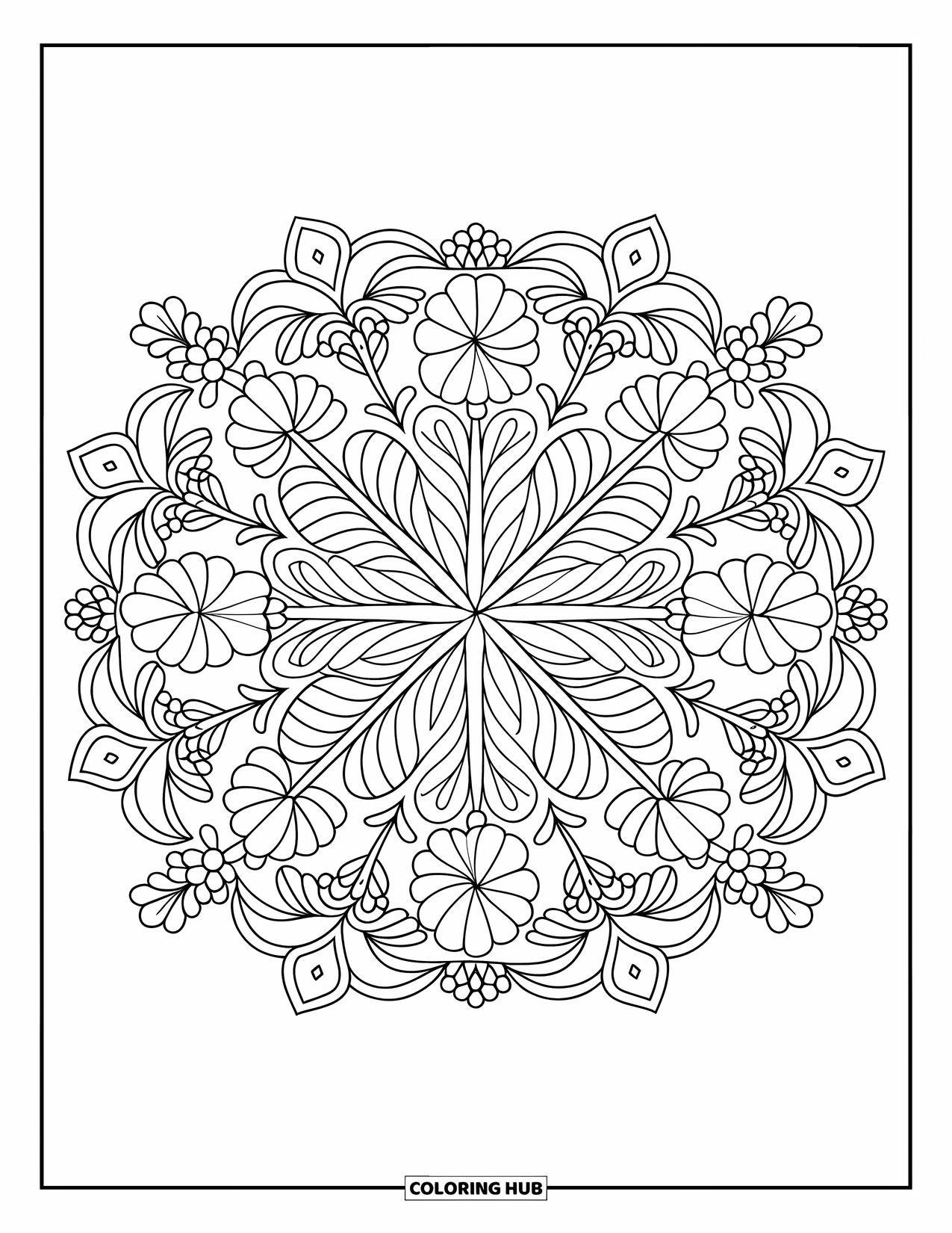 Clover Coloring Page for Adults: Clovers repeat in a detailed botanical mandala with floral accents