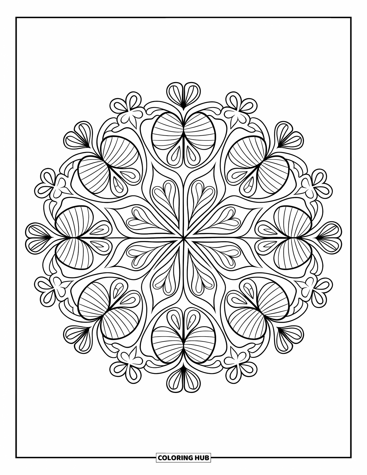 Clover Coloring Page for Adults: Every clover in this botanical mandala has a unique, peaceful pattern