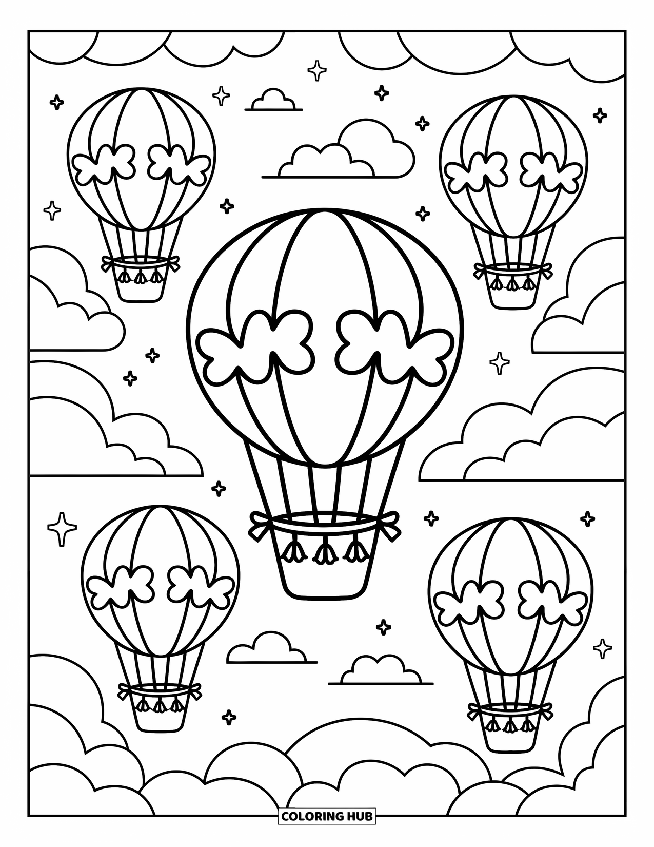 Clover Coloring Page for Adults: Floating clover balloons with cute baskets soar past clouds and hanging stars