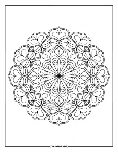 Målarbild med klöver för vuxna: Upprepade klöverformer bildar ett balanserat, blommigt mandala för meditativ färgläggning