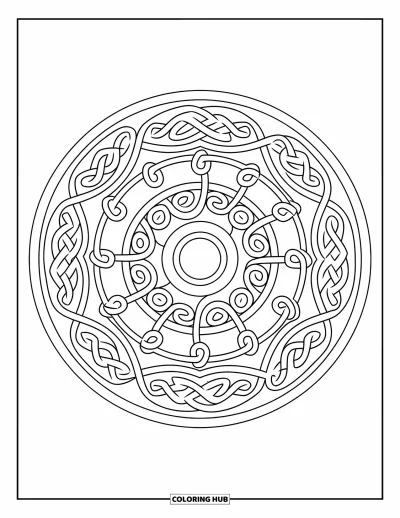 Målarbild med klöver för vuxna: Spiraler och linjer ramar in ett keltiskt mandala med mjuka, runda former