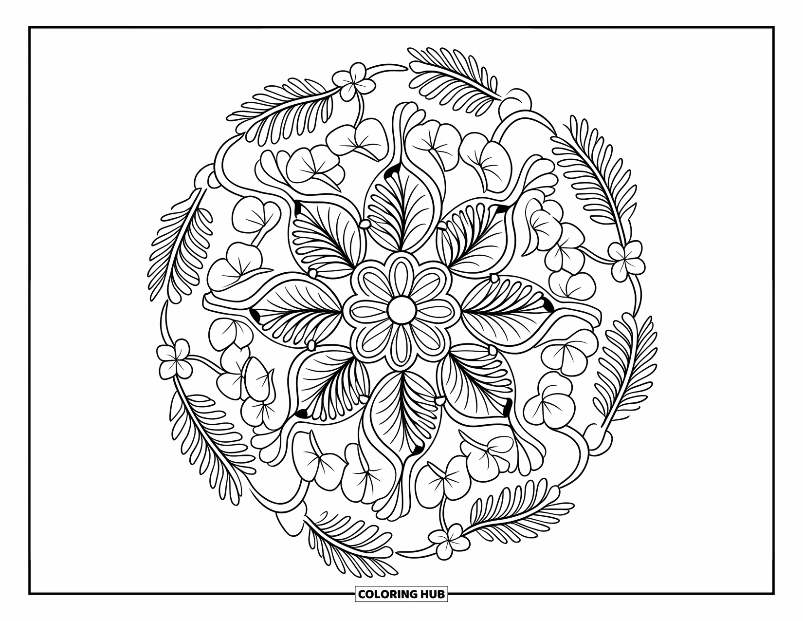 Clover Coloring Page for Adults: Swirling clovers and vines form an intricate mandala perfect for peaceful moments
