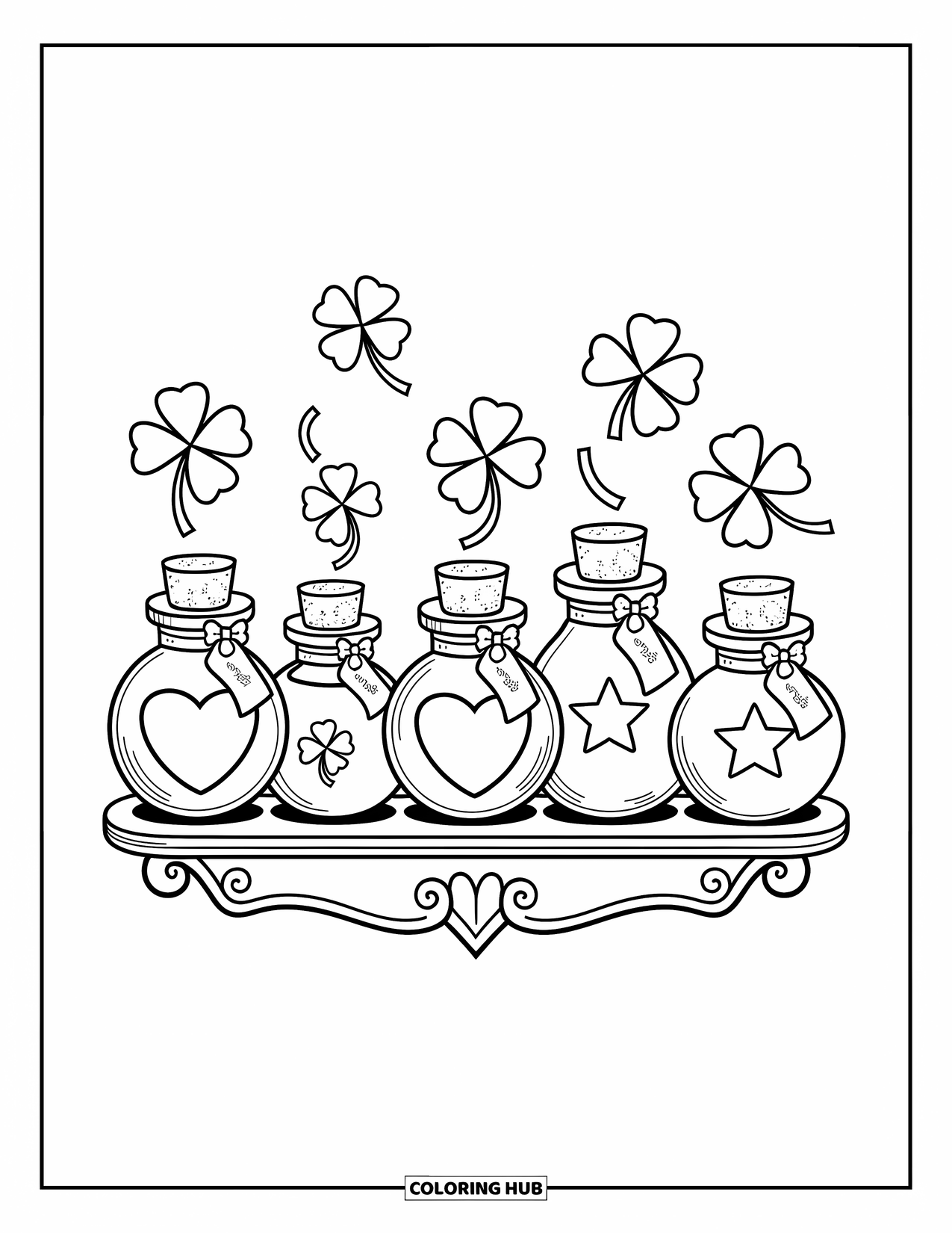 Clover Coloring Page for Adults: Whimsical clover bottles sit neatly on a shelf with drifting leaves above