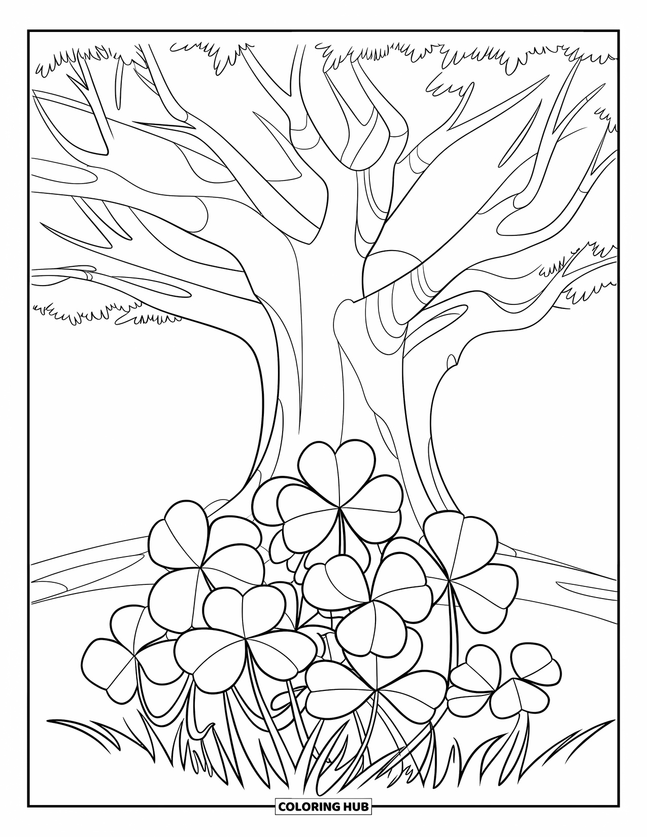 Clover Coloring Page for Kids: A big tree with clovers at its base spreads its wide branches