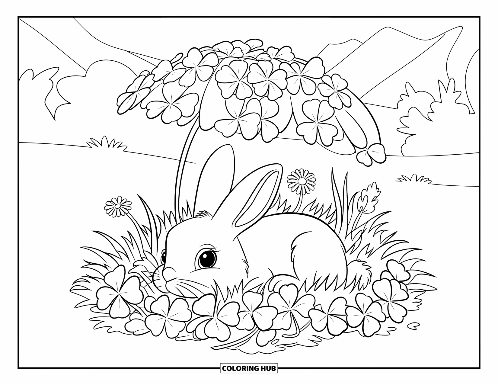 Clover Coloring Page for Kids: A bunny rests under clovers in a peaceful field with flowers and soft grass