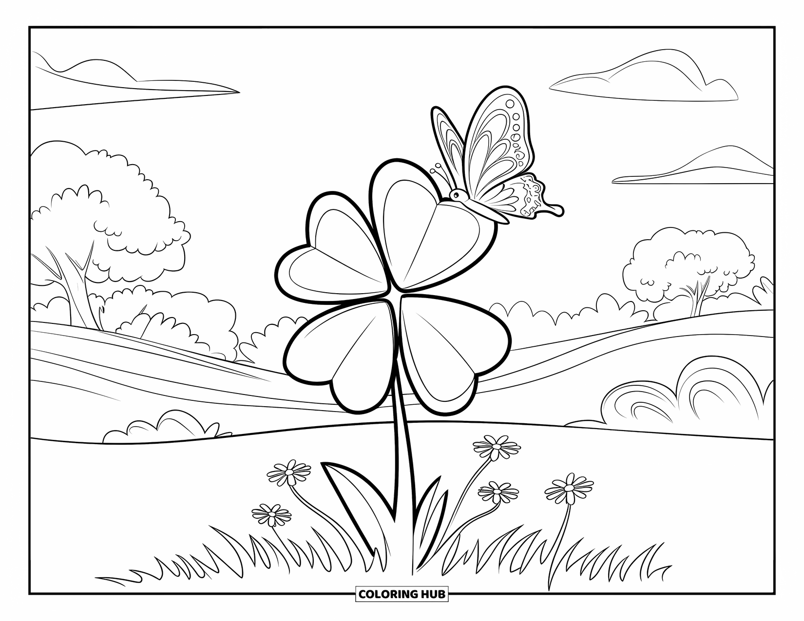 Clover Coloring Page for Kids: A butterfly flies above a clover in a sunny, quiet field