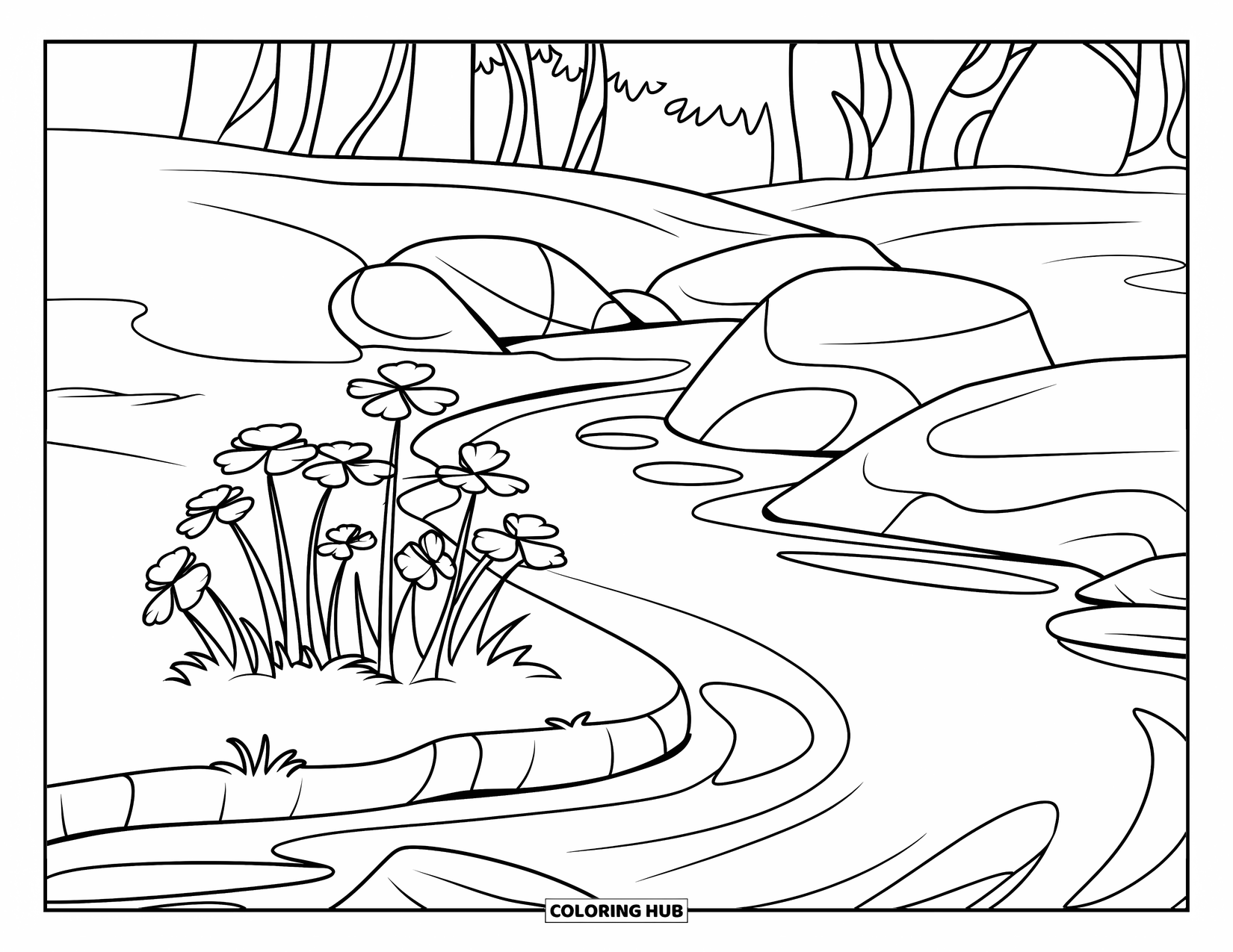 Clover Coloring Page for Kids: A clover patch blooms near a quiet stream and tall trees