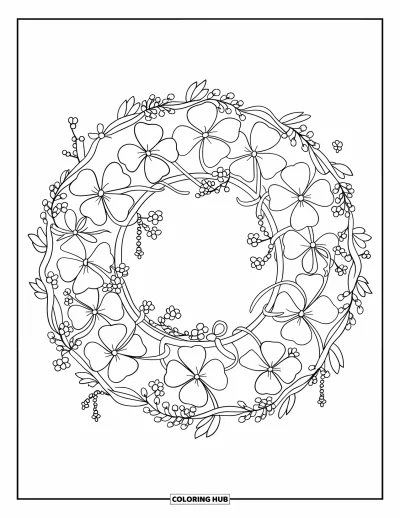 Målarbild med klöver för barn: En klöverkrans slingrar sig med rosetter, pärlor och blommande detaljer
