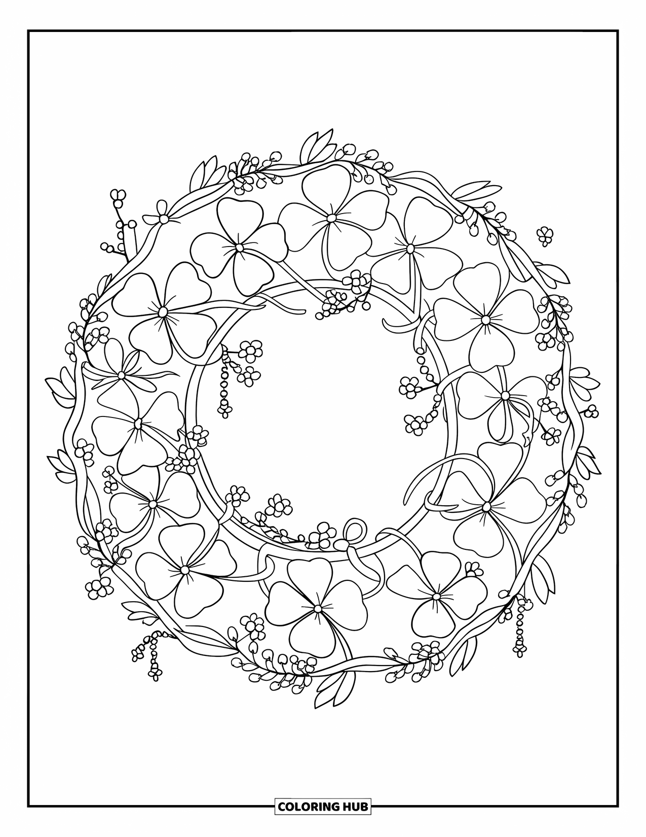 Clover Coloring Page for Kids: A clover wreath twines with bows, beads, and blooming details