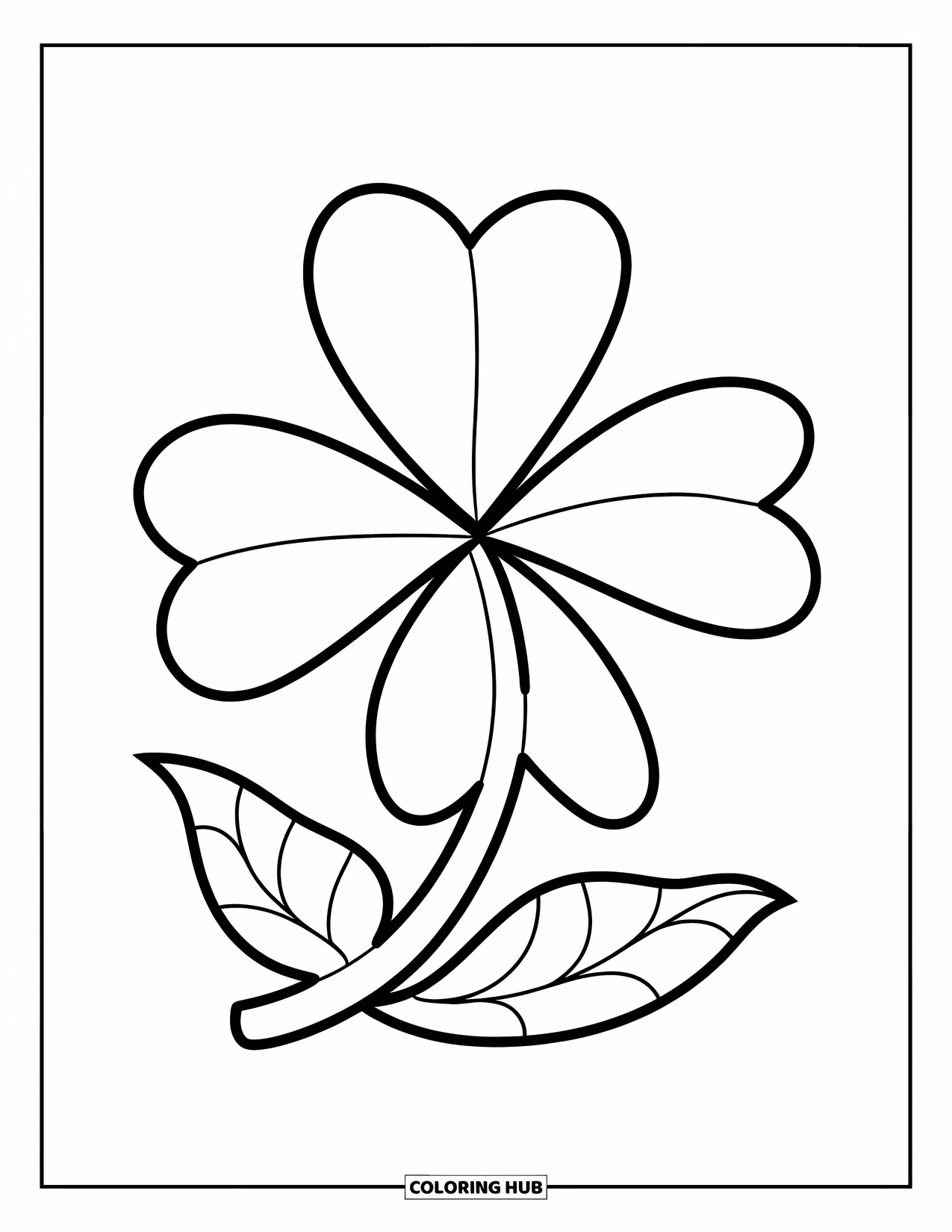 Clover Coloring Page for Kids: A four-leaf clover with wavy leaves sits ready to color