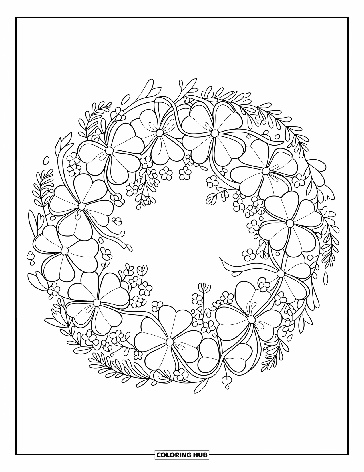 Clover Coloring Page for Kids: A garland of clovers sparkles with flowers, vines, and soft decoration