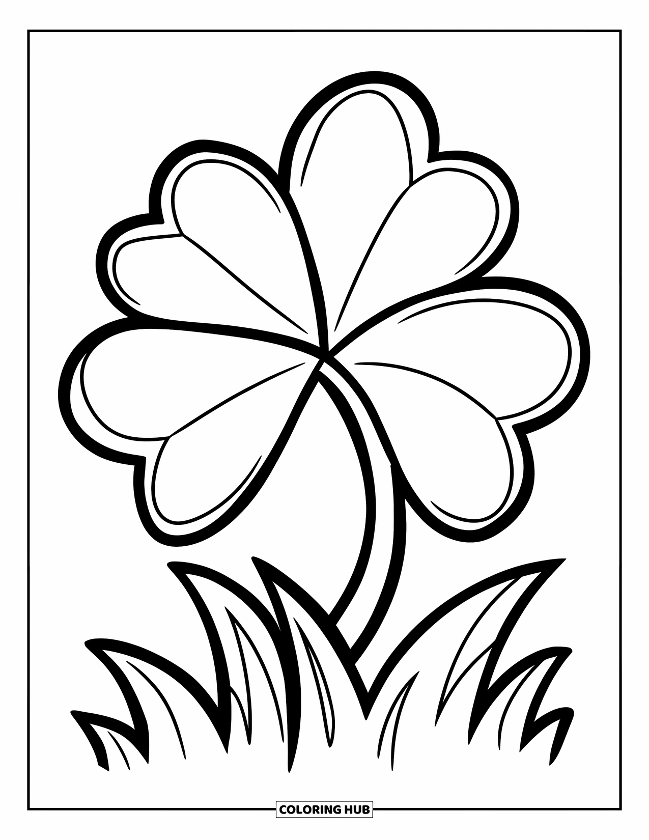 Clover Coloring Page for Kids: A playful clover with four wavy leaves grows in cheerful grass