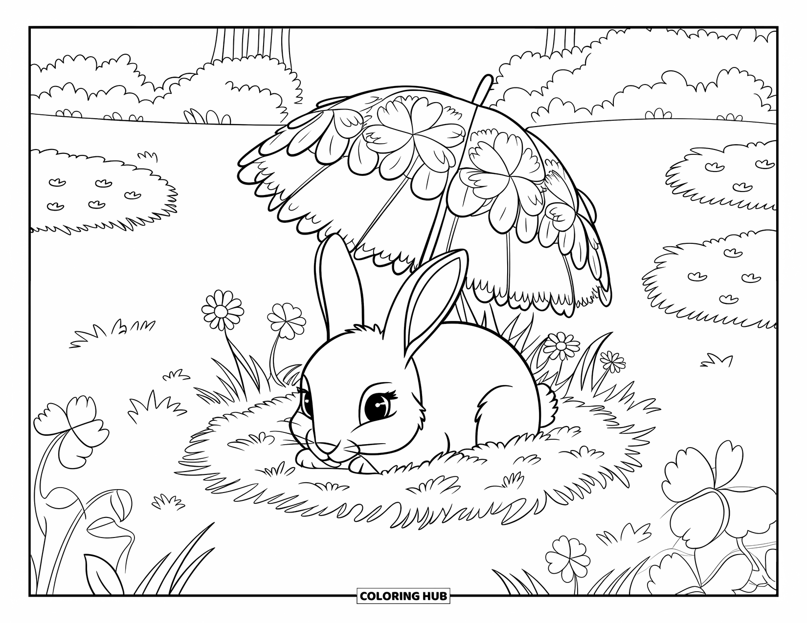 Clover Coloring Page for Kids: A small bunny snuggles in clovers and grass with wildflowers around