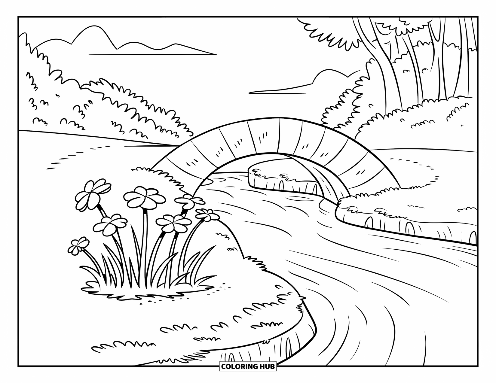 Clover Coloring Page for Kids: A stone bridge crosses a stream near clovers and a forest