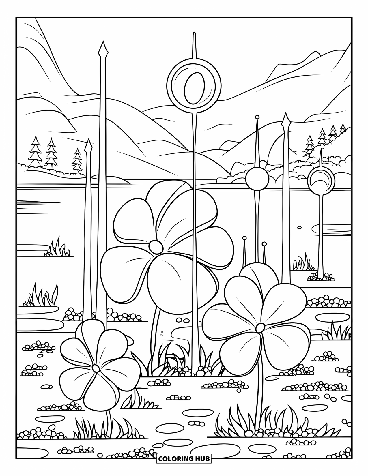 Clover Coloring Page for Kids: Bright orbs shine among big clovers in a peaceful garden by water