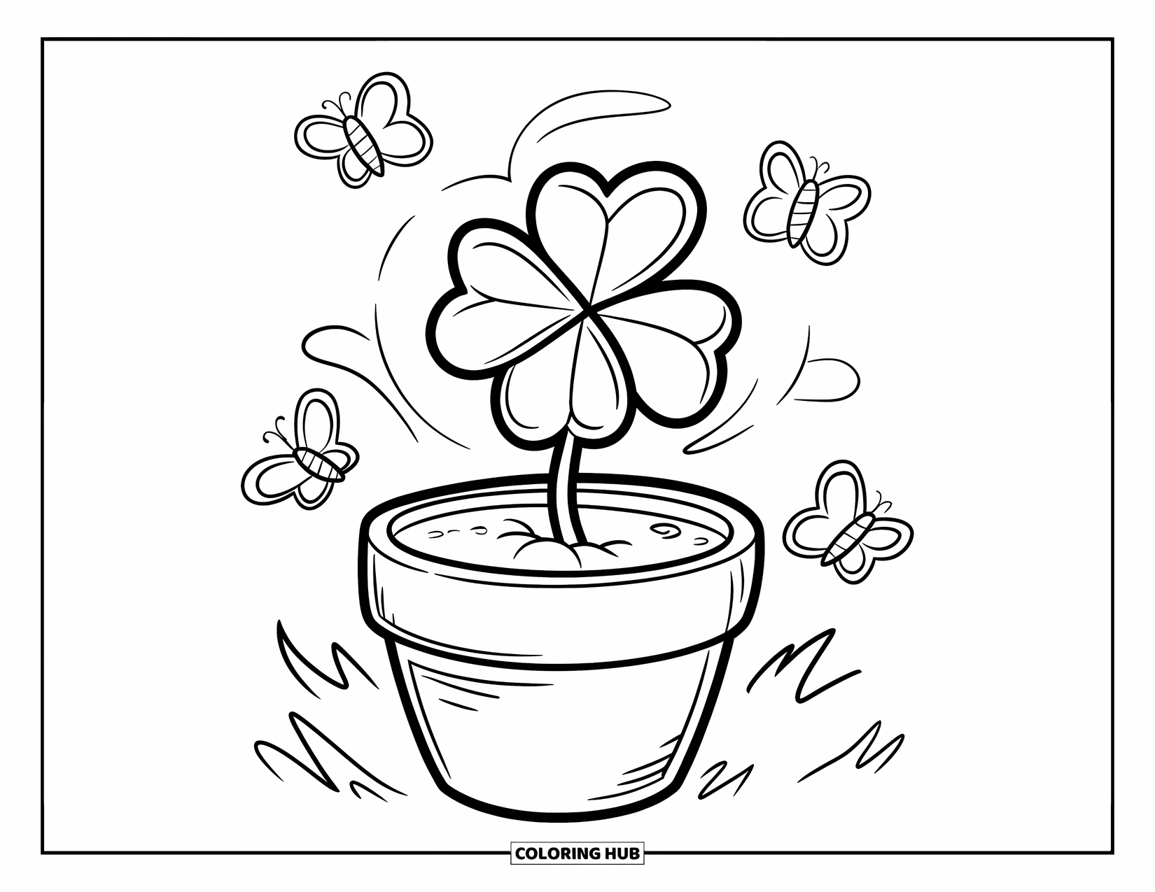 Clover Coloring Page for Kids: Cartoon bees and butterflies hover around a clover in a plant pot