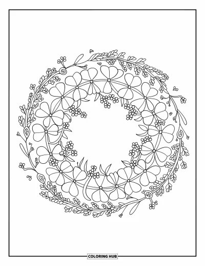 Målarbild med klöver för barn: Klöverblad bildar en krans med små blommor och slingrande rankor
