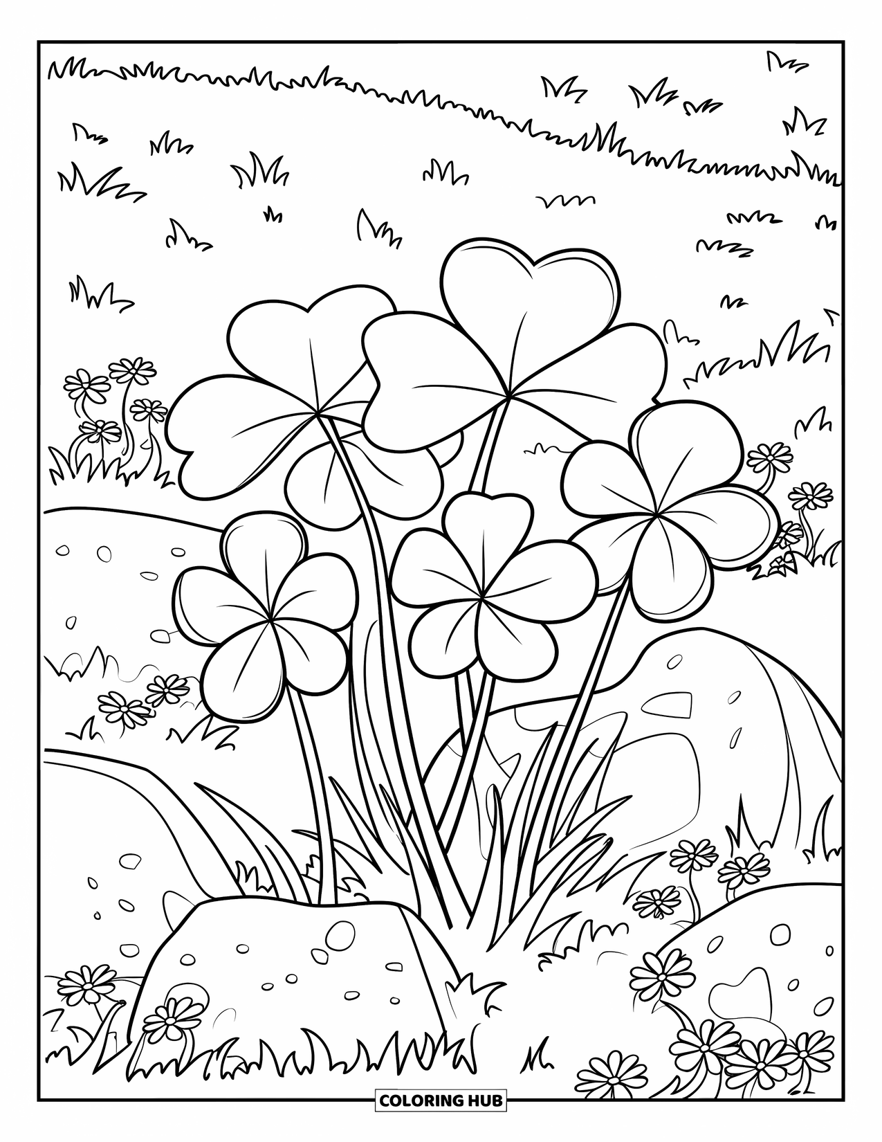 Clover Coloring Page for Kids: Clovers and heart rocks grow together with flowers in a grassy field