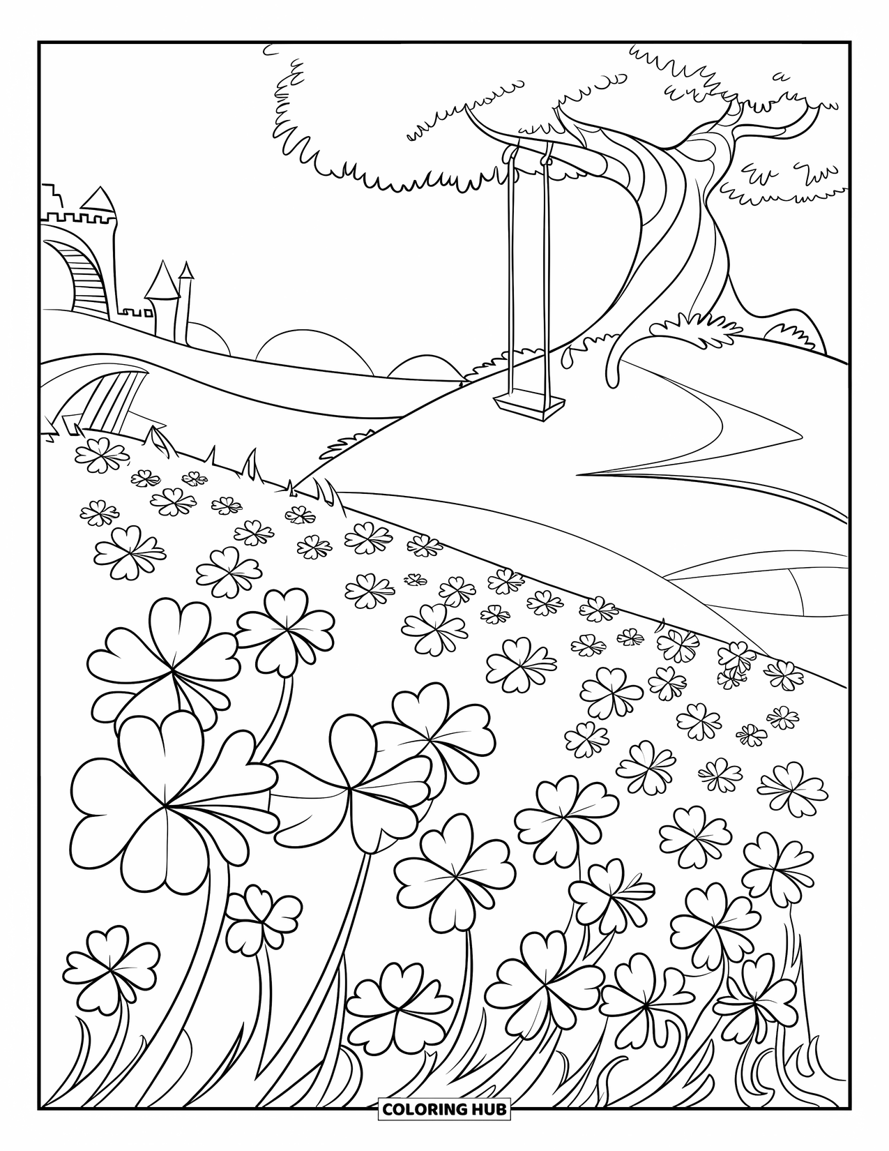 Clover Coloring Page for Kids: Clovers blow across a hill near a swing and distant castle