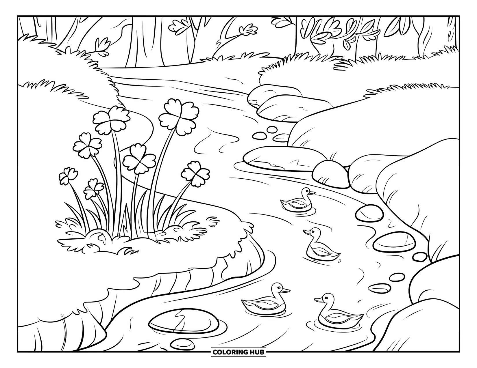 Clover Coloring Page for Kids: Clovers grow beside a stream with ducks swimming and trees in the distance