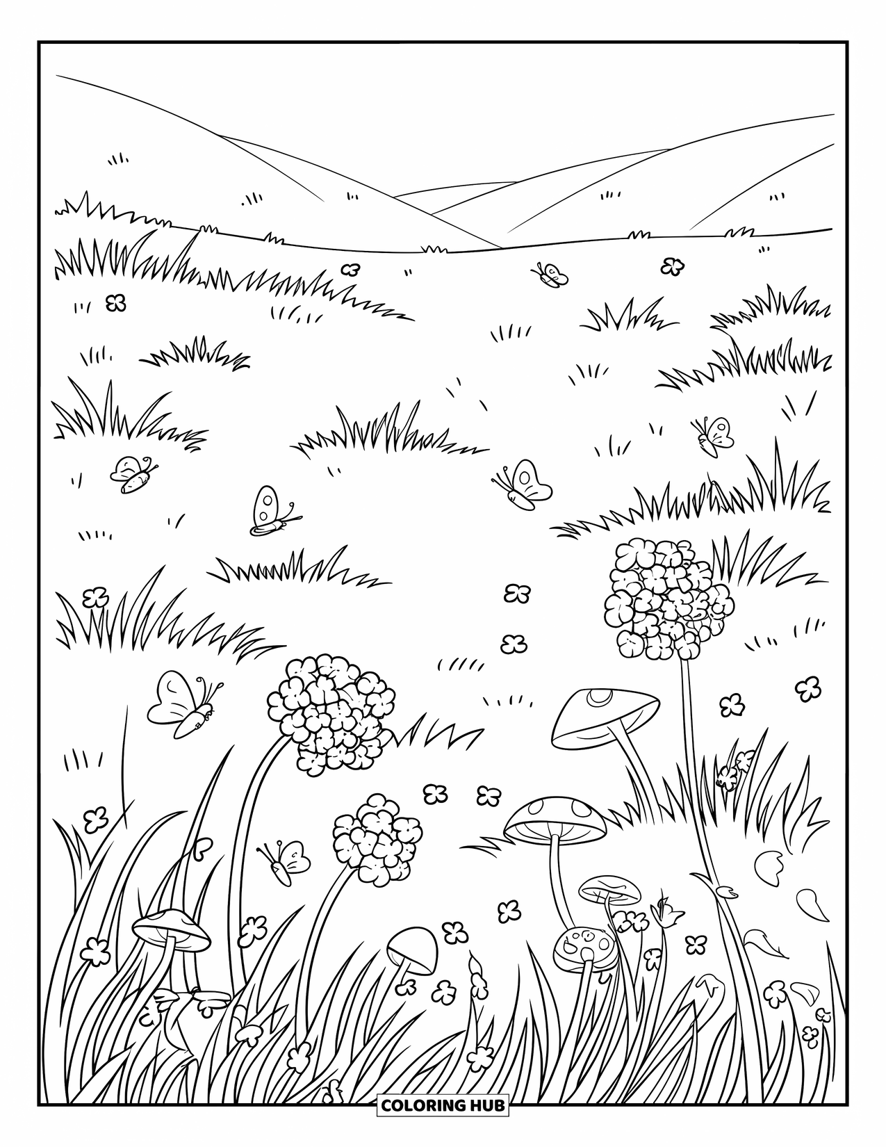 Clover Coloring Page for Kids: Delicate clovers, mushrooms, and bugs fill a peaceful grassy meadow