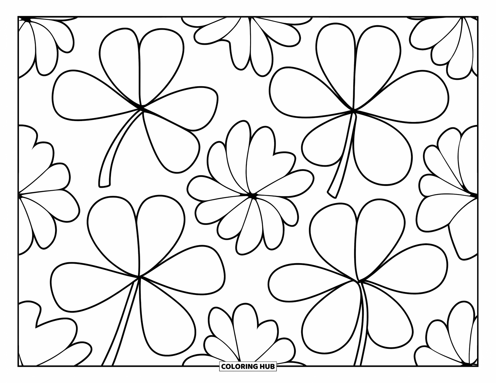 Clover Coloring Page for Kids: Different-shaped clovers fill a bold, square grid on a white background